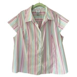 George Woman Plus Size Stretchy Striped Cap Sleeve Button Front Top 18W / 20W